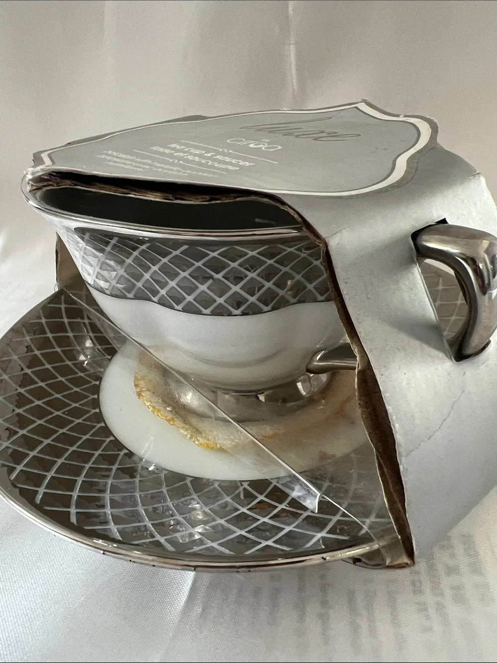 Luxe by Ciroa Gray Porcelain Tea Cup & Saucer with Silver Trim